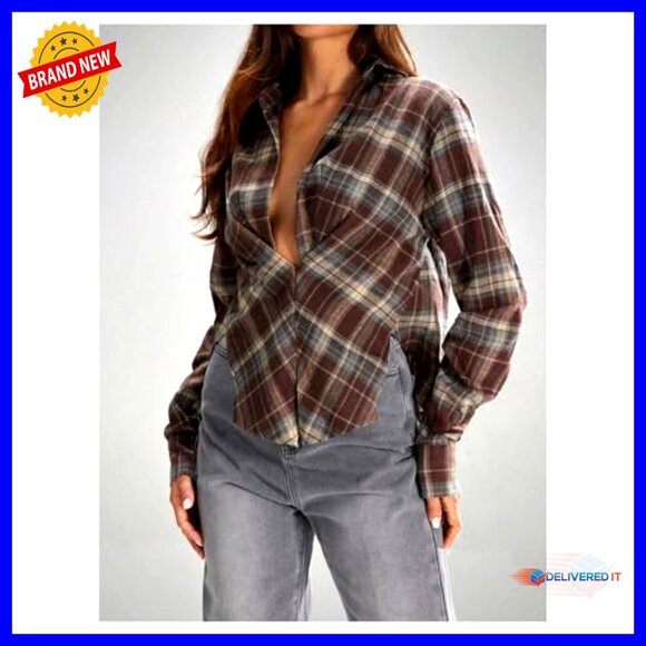 Long Sleeve Plaid Button Down Blouse, Loose Fit, Casual Top - Picture 2 of 5